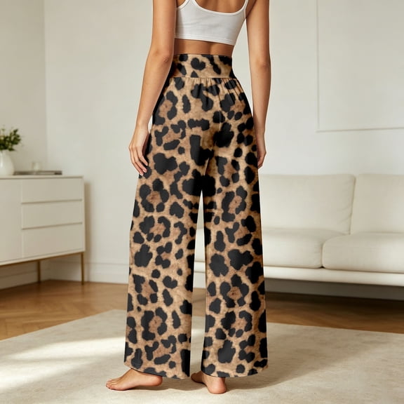 RUTAYY Women's Pants Wide Leg Leopard Print High Waist Elastic Waist Side Pockets Loose Casual Vacation Trousers Coffee