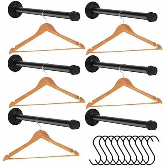 6 Pcs Industrial Pipe Clothes Bar 12 Inch Rustic Black Iron Pipe Clothing Rack Wall Mounted Garment Rack Holder Hanging Closet Rods for Bedroom Bathroom Boutique