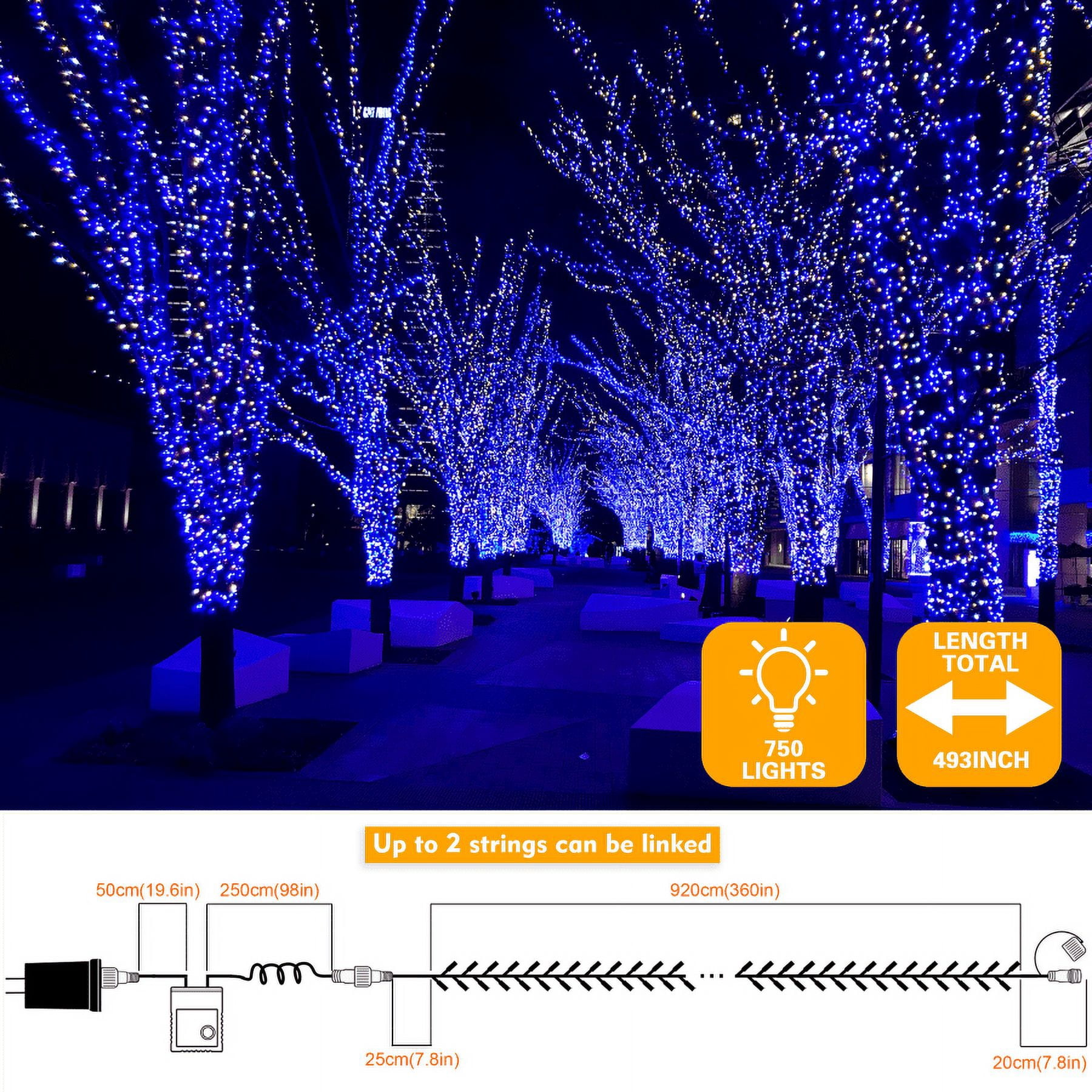 750 LED String Lights Cluster Lights - 41ft Blue and White Green Wire Outdoor Waterproof Lights, Plug in Indoor String Lights with 8 Modes & Timer Memory for Xmas, Christmas Tree
