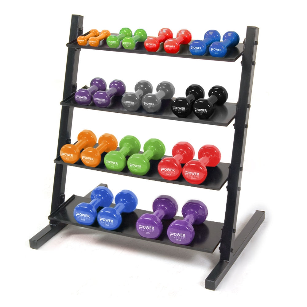 Power Systems 4 Tier Dumbbell Rack – Steel Weight Rack for Neoprene/Vinyl Dumbbell Weights 1–15 lb
