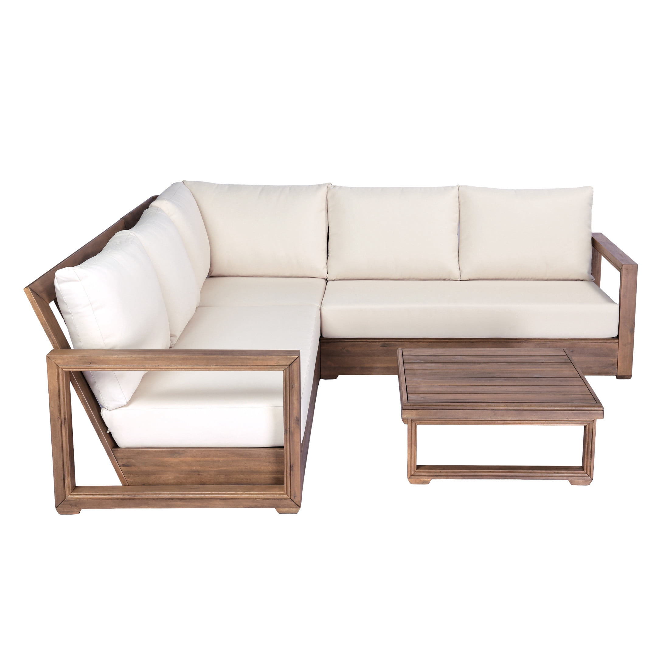 Christopher Knight Home Outdoor Wood Conversation Set with Coffee Table, Beige Cushion, 5 Seats, Brown Wash