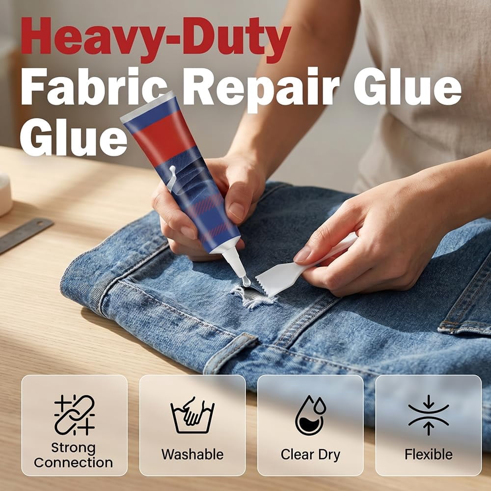 Fabric Glue Permanent, 50 ML Washable Clear Clothing Glue, for Rhinestones, Patches, Clothes, Denim, Leather, Polyester, Fabrics, Doll Repair, Flannel, Cotton (2pcs)