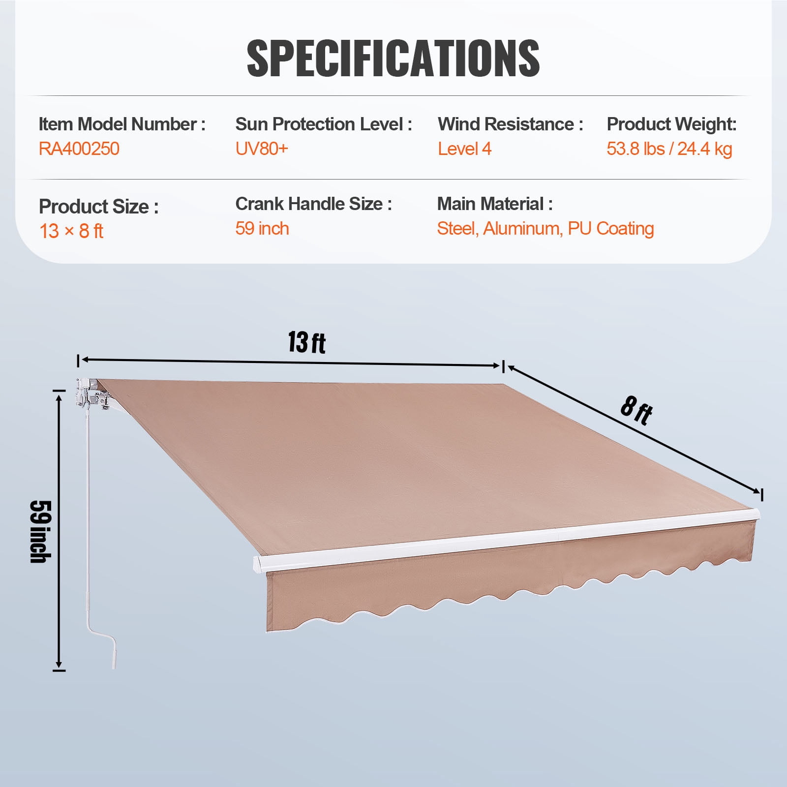 KFFKFF Patio Awning Retractable 13'x8' Awning Sunshade Shelter with Crank Handle