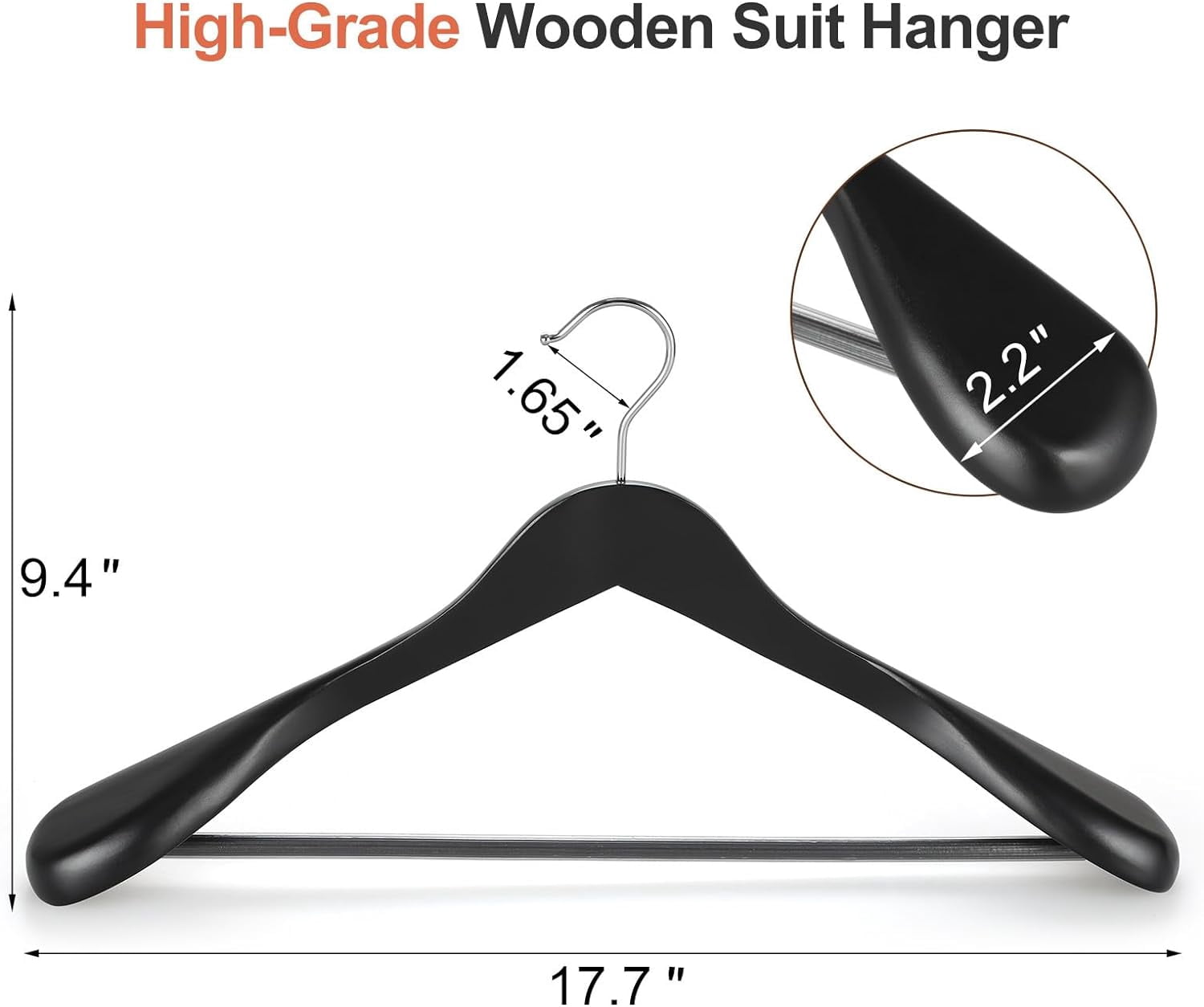 Solid Wood Wide Shoulder Suit Hangers with Non-Slip Pants Bar, 360 °   Swivel Hook, Heavy Duty Coat Hangers for Jackets, 10 Pack in Walnut