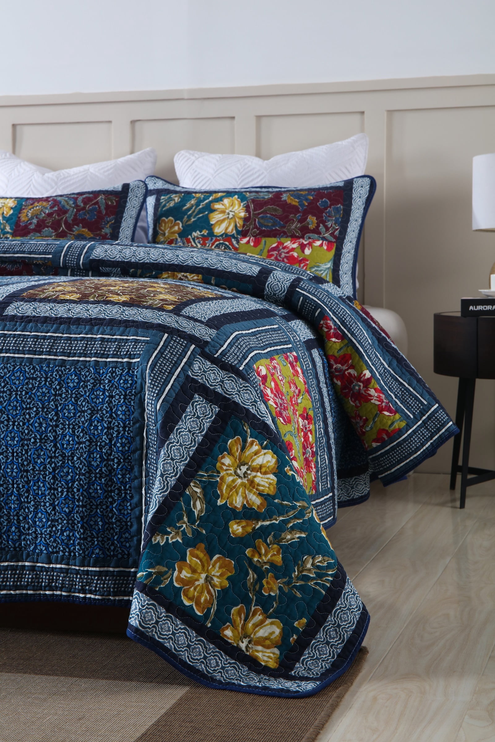 WannaToo Cotton Bedspread Quilt Set for All Season, Navy Blue Patchwork, Queen