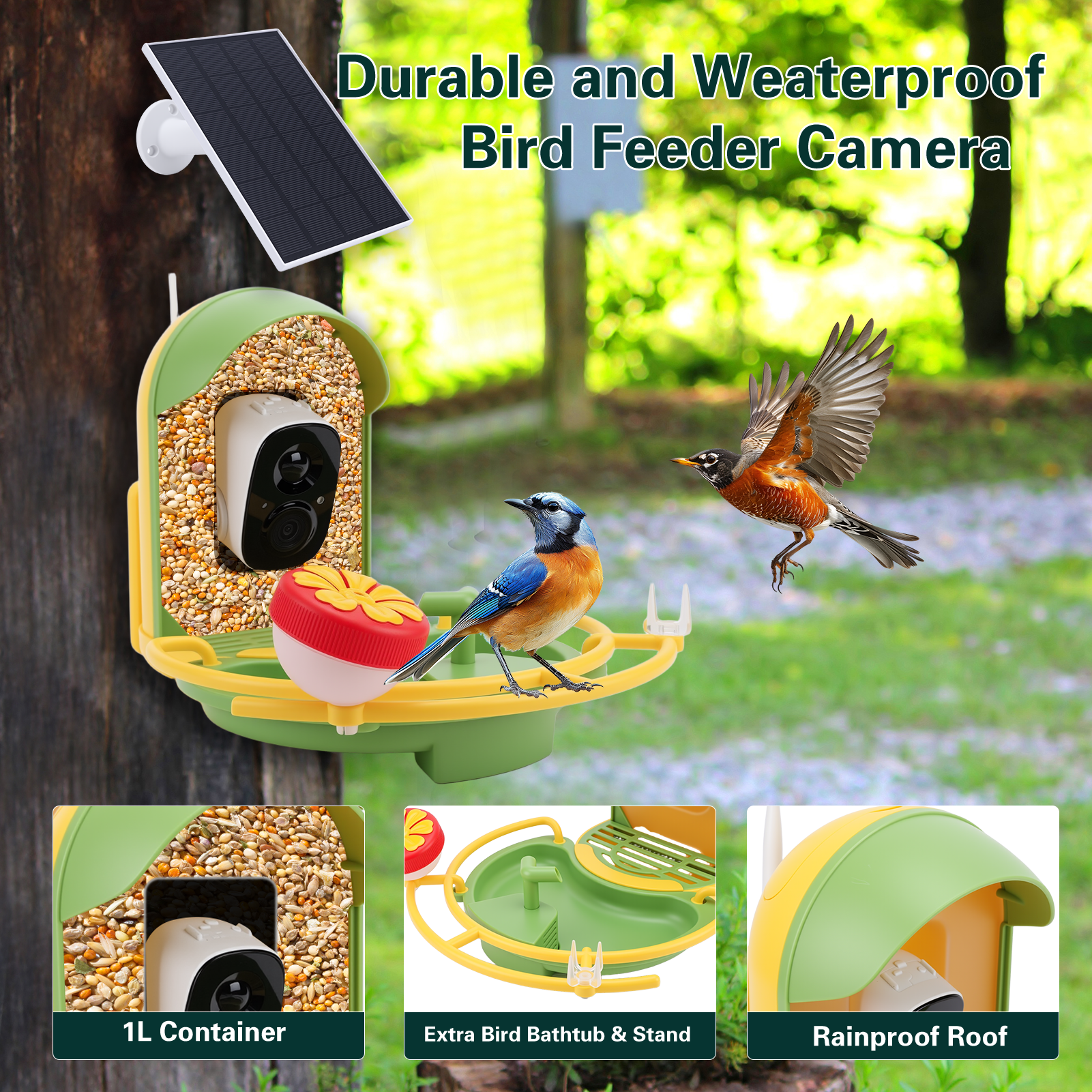 Smart Bird Feeder with Camera & Bird Bath,Bird Watching Camera with Motion Detection & Solar Panel,Waterproof, 2K Live View,Ideal Present for Bird Lover,Yellow