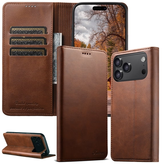 Poweltek Wallet Case for iPhone 17 Pro, Magnetic PU Leather Card Holder Cash Pocket Flip Stand Protective Cover, Brown
