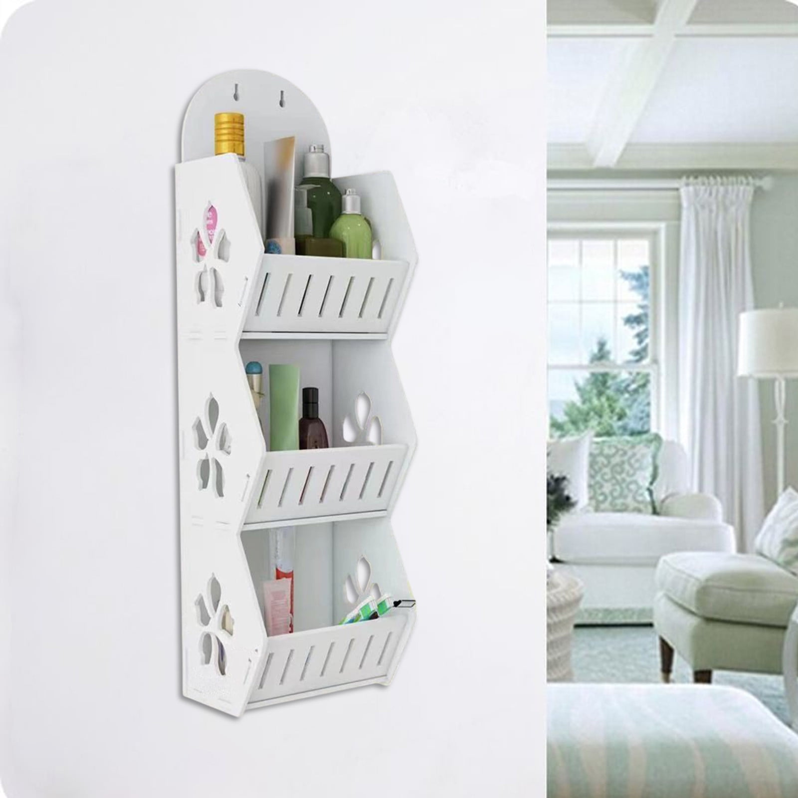 Cadorn 1PCS No Drill Bathroom Shelf,Wall Mounted Organizer with Sakura Design for Living Room Kitchen Bathroom Storage,Space Saving Drill-Free Home Organization Storage Solution