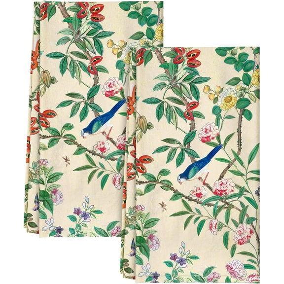 Flour Sack Kitchen Towels - Set of 2 Spring Dish Towels with Hanging Loop 18x26 Inch Absorbent Reusable Cotton Cloths for Cleaning Cute Design Home Decorative Housewarming, Leaf Flower Bird