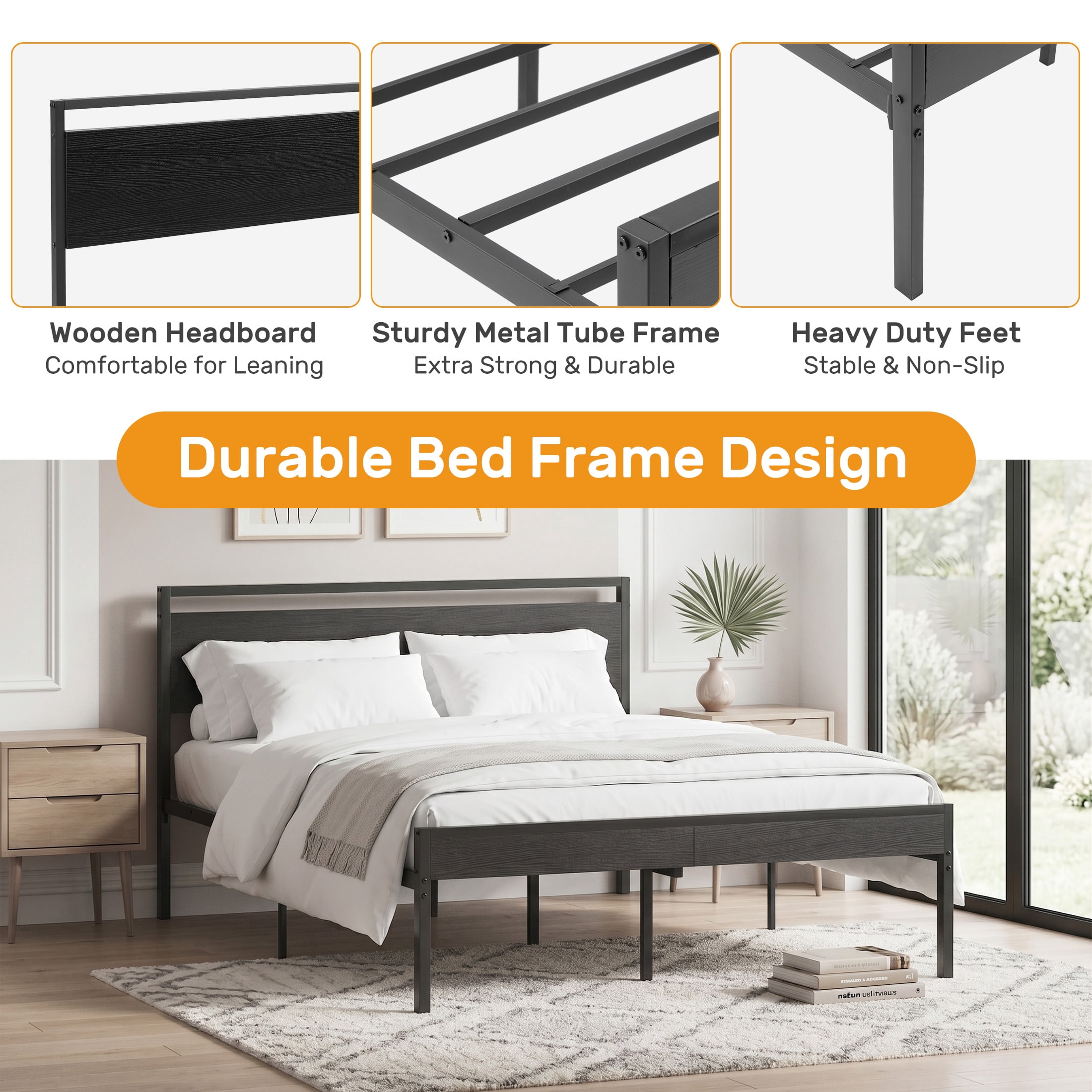 Gianna Heavy Duty Queen Size Metal Platform Bed, No Box Spring Required with Headboard and Footboard, Mattress Foundation, Black
