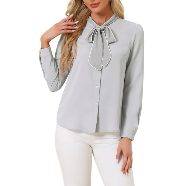 Blusa de trabajo de manga larga con botones y cuello atado para mujer INSPIRE CHIC XL Gris Claro