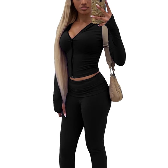 Women’s Fleece-Lined Zip-Up Hoodie and Flare Pants Set with Head Scarf, Fold-Over Waist Warm Two-Piece Outfit, Soft Casual Lounge Tracksuit for Fall & Winter