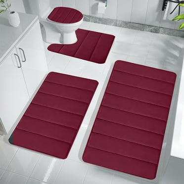 tzyudk Burgundy Bathroom Rugs Sets 4 Piece Memory Foam Non Slip Bath Mats for Bathroom Floor, U-Shaped Contour Toilet Rug, Soft Washable Dry Dark Bathroom Rugs Sets(Red)