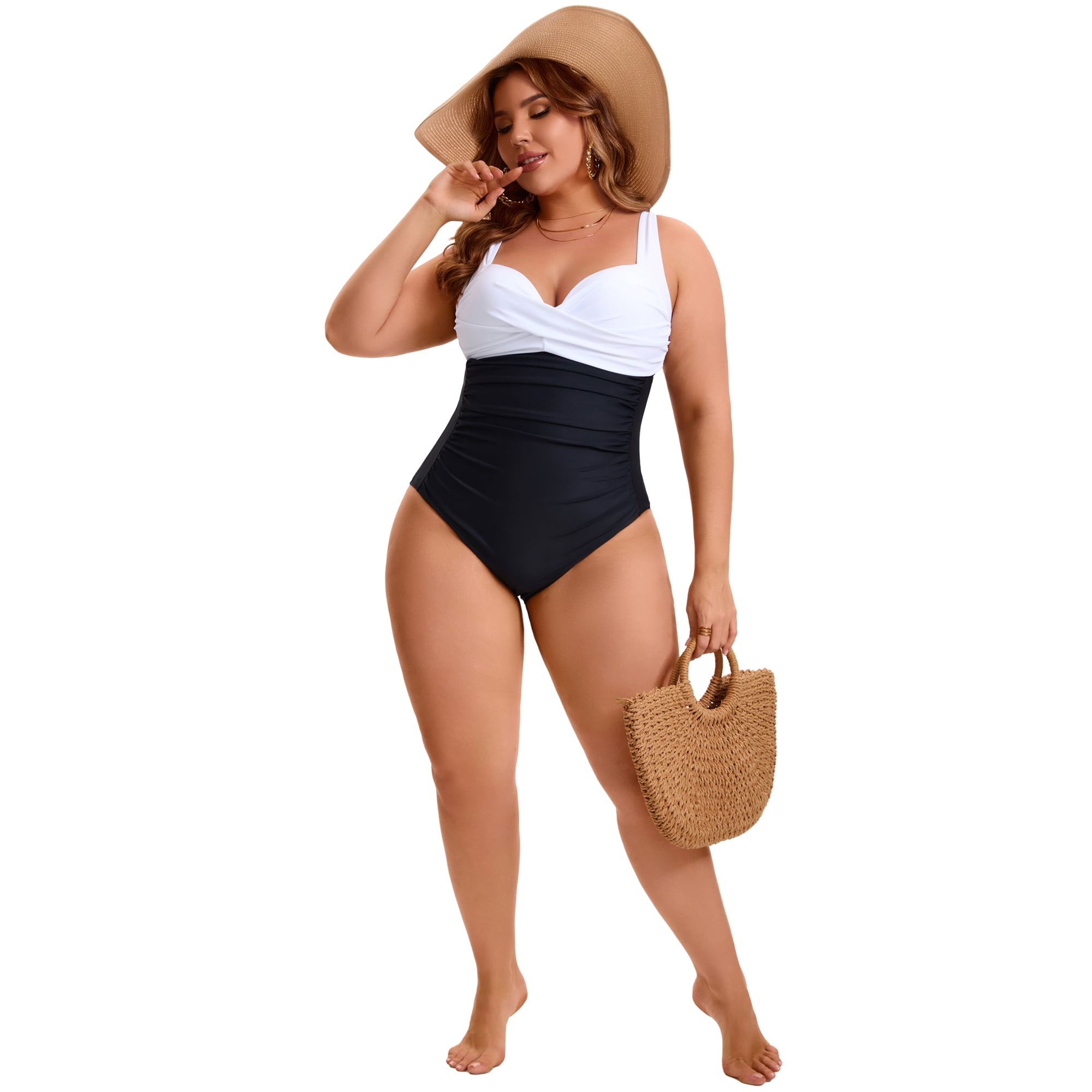 DARING DIVA Women's Plus 1 Piece Crisscross V-neck Swimsuit 3X Black White