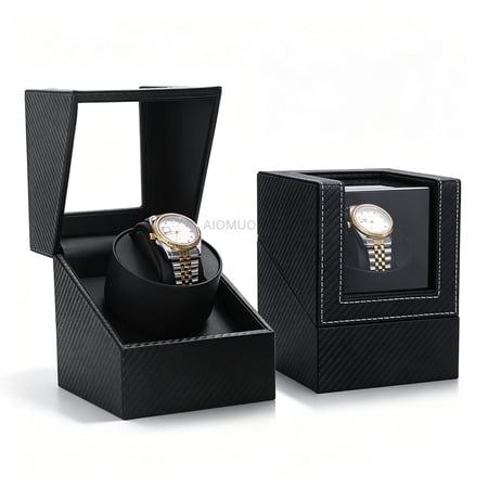 AIOMUO Watch Winder for Automatic Watches: Automatic Single Watch Winder Box in Black PU Leather with Japanese Quiet Motor USB Powered - Gift for Men & Women
