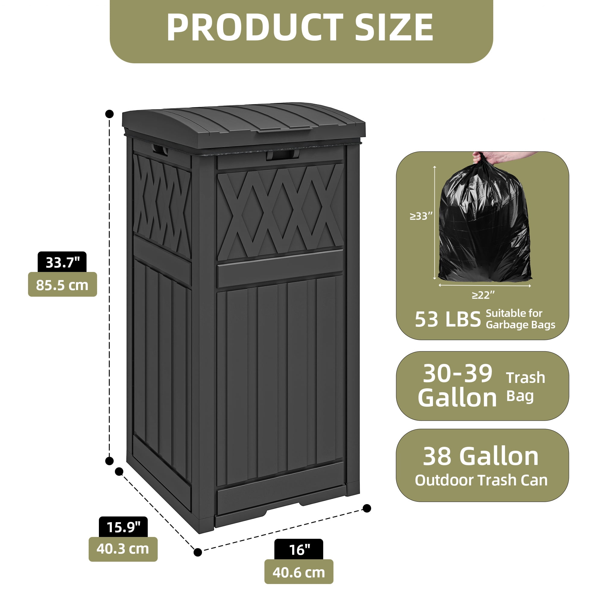 Uforic 32 Gallon Large Outdoor Trash Bin, Waterproof Garbage Can with Lid and Drip Tray for Porch, Backyard, Patio, Black