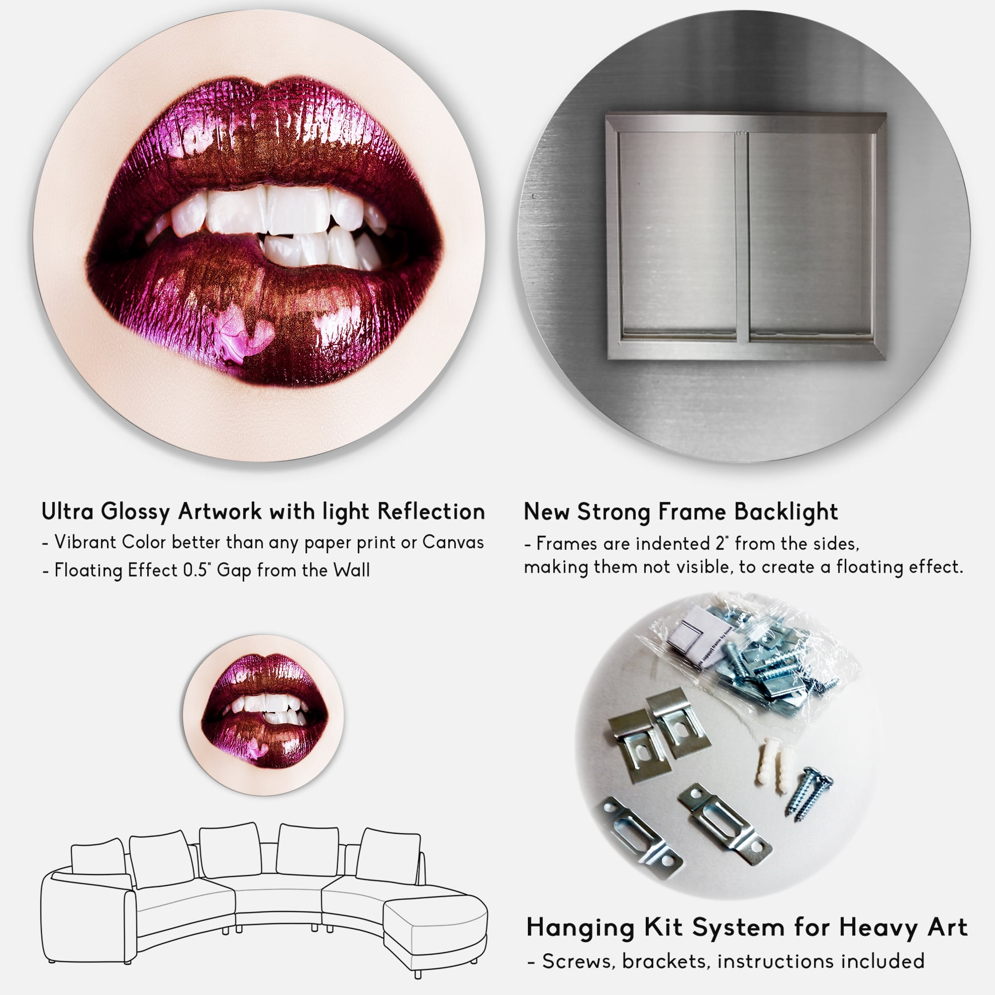 Designart 'Close-Up Of Purple Female Lips' Modern Circle Metal Wall Art 36x36 - Disc of 36