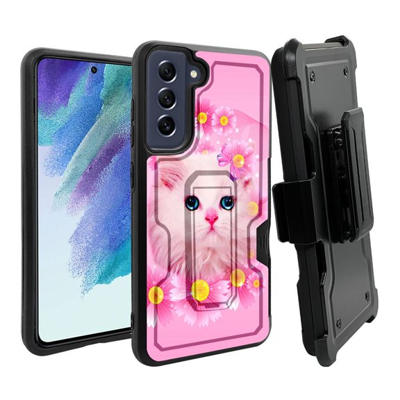 ANJ  Rugged Dual Layer Shockproof Holster Case w/Card Slot   Tempered Glass Cover for Samsung Galaxy S21 FE 5G - Pink Kitty