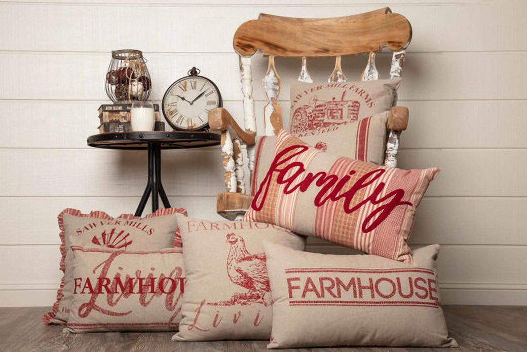 VHC Brands Farmhouse 18x18 Poultry Pillow – Tan Stenciled Sawyer Design, Cotton, Bedroom/Living Room Decor