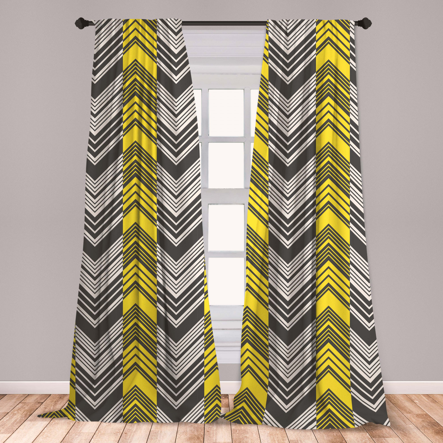 Yellow and White Curtains 2 Panels Set, Herringbone Pattern with Angled