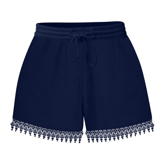 FAIWAD Women‘s Lace Trim Shorts Elastic Waist Short Pants with Pockets Drawstring Sports Solid Color Shorts