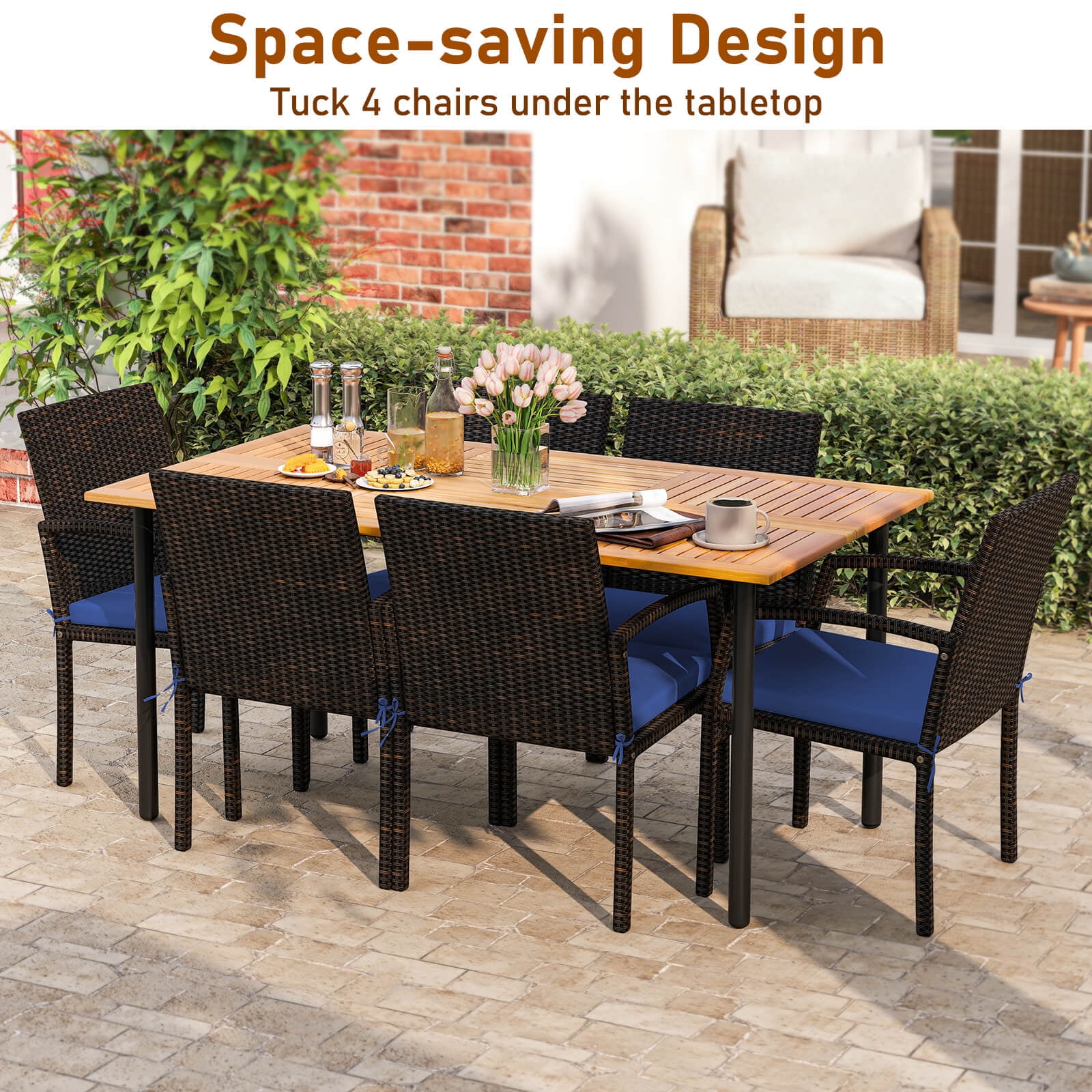 Costway 7PCS Patio Rattan Dining Set W/ Cushion Umbrella Hole Navy