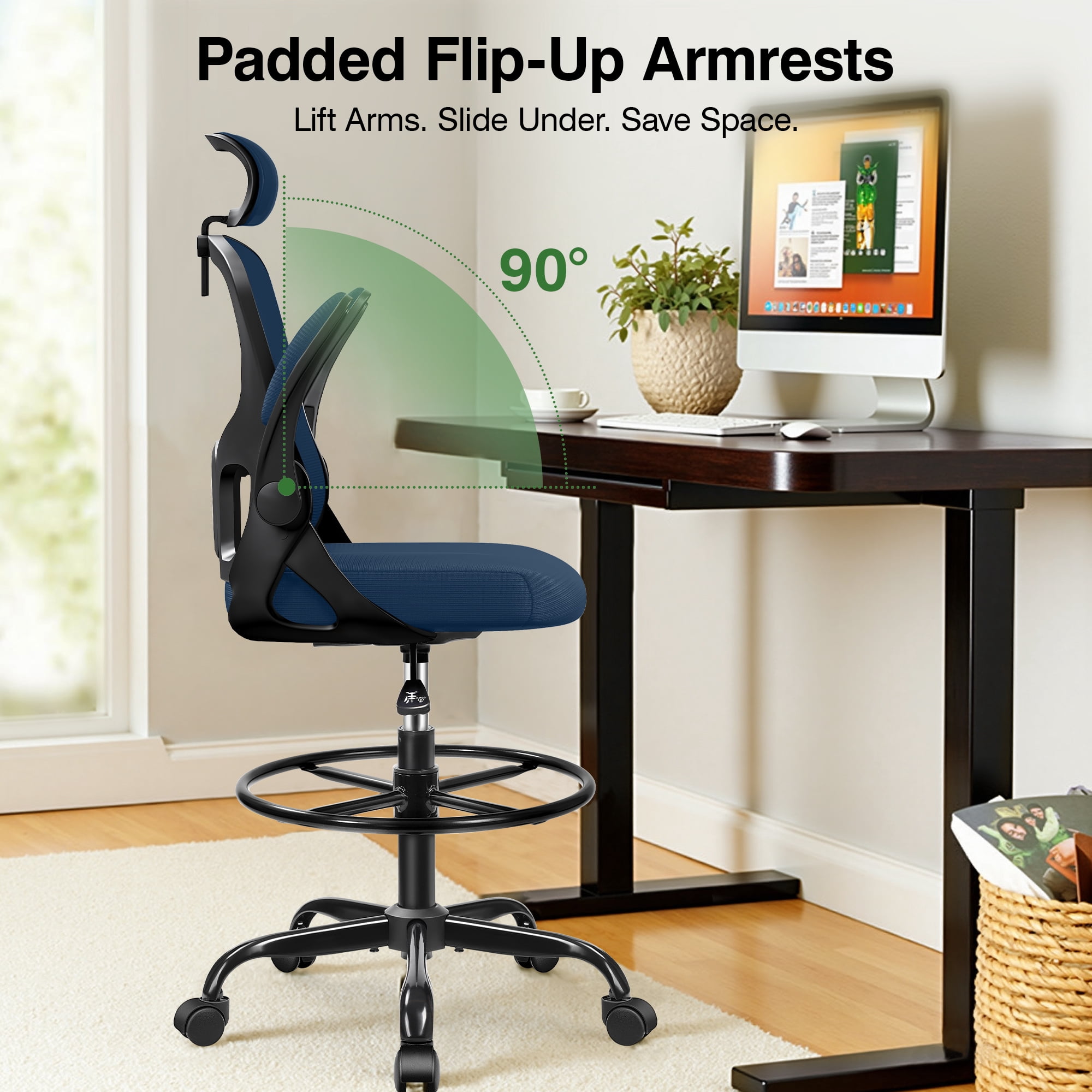 ATHOPE Office Chair Ergonomic Desk Chairs, Mesh Computer Chair with Headrest and Flip-up Arms, Adjustable Home Office Desk Chair with Lumbar Support Footrest Ring for Standing Desk, Navy Blue