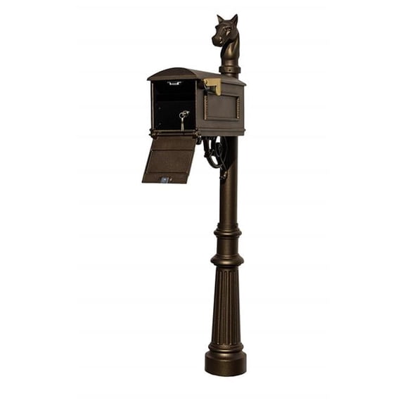 Lewiston Equine Mailbox Post System with Locking Insert, fluted base, horsehead finial (No address plates or numbers), Bronze