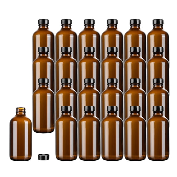 Vetri 8 oz Boston Round Clear Glass Bottle - with Black Phenolic Cap - 2 1/2" x 2 1/2" x 5 1/2" - 12 count box