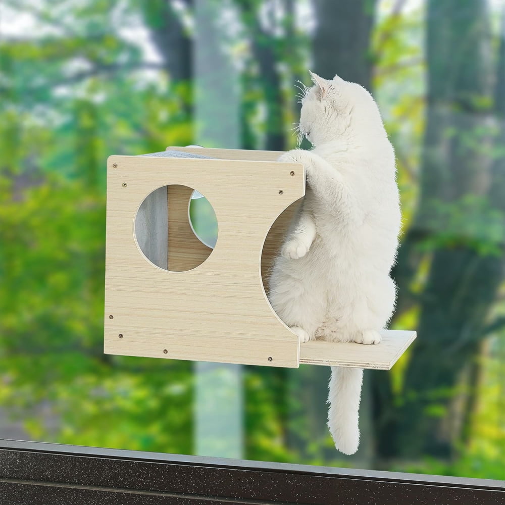 MIDOQIN Window Cat Perch, Sturdy Wood Cat Window Hammock with Heavy Duty Suction Cups, Cat Bed for Overlooking & Sleeping (Left)