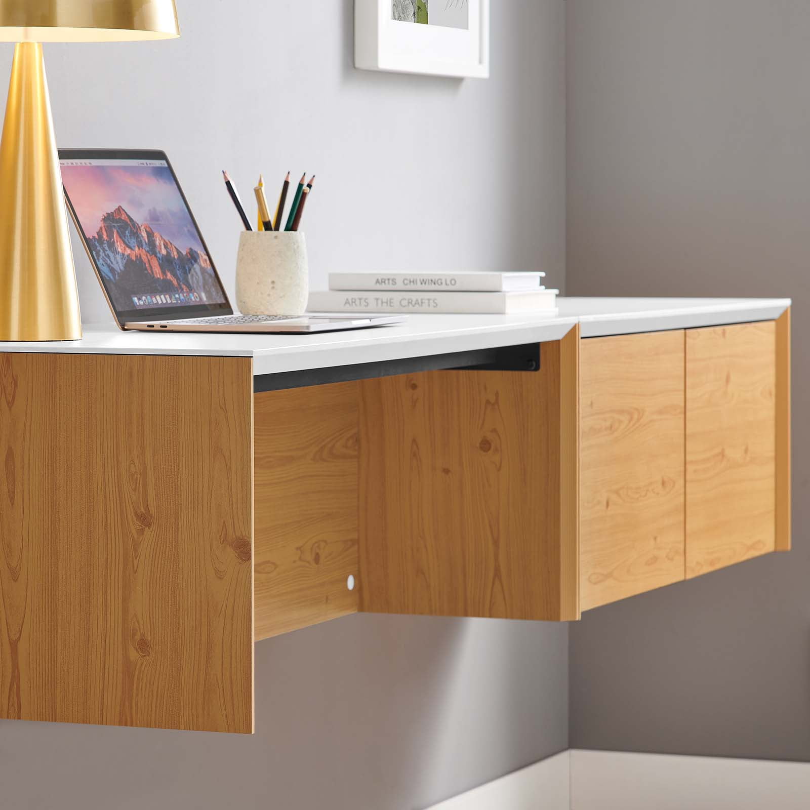 Kinetic 38" Wall-Mount Office Desk With Cabinet and Shelf in White Natural