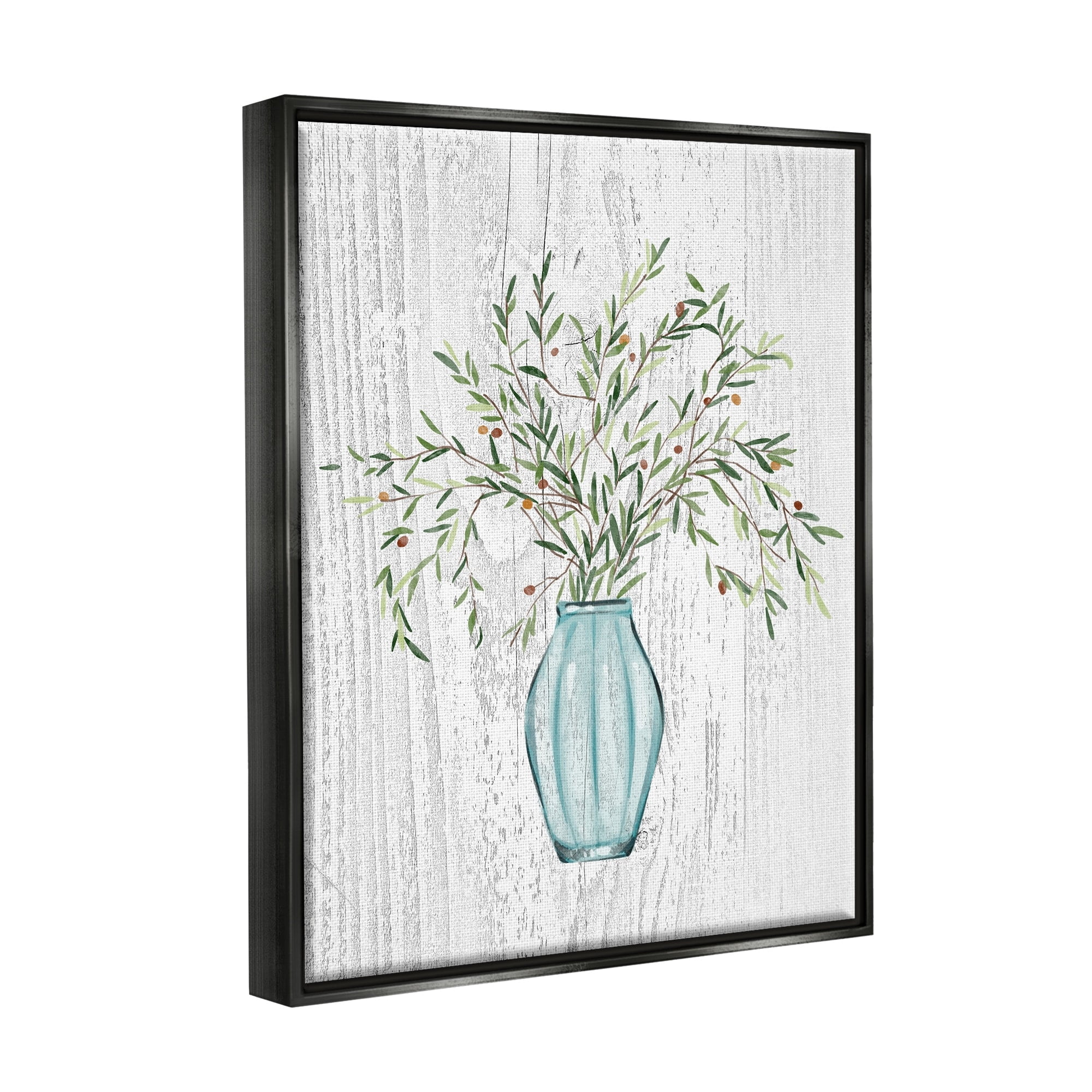 Stupell Industries Botanical Bouquet Vase Hanging Leaves Grain Pattern Graphic Art Jet Black Floating Framed Canvas Print Wall Art, Design by Ziwei Li