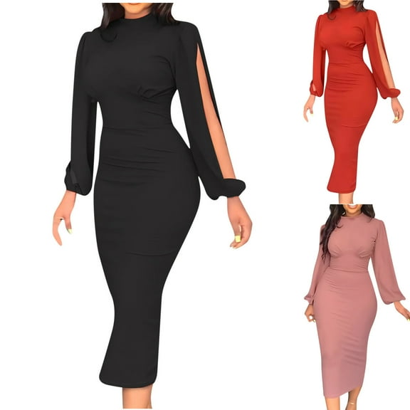 HAPIMO Women's Tea Length Bodycon Dress Solid Color Spring Long Sleeve High Neck Trendy Elegant Cocktail Party Split Black L