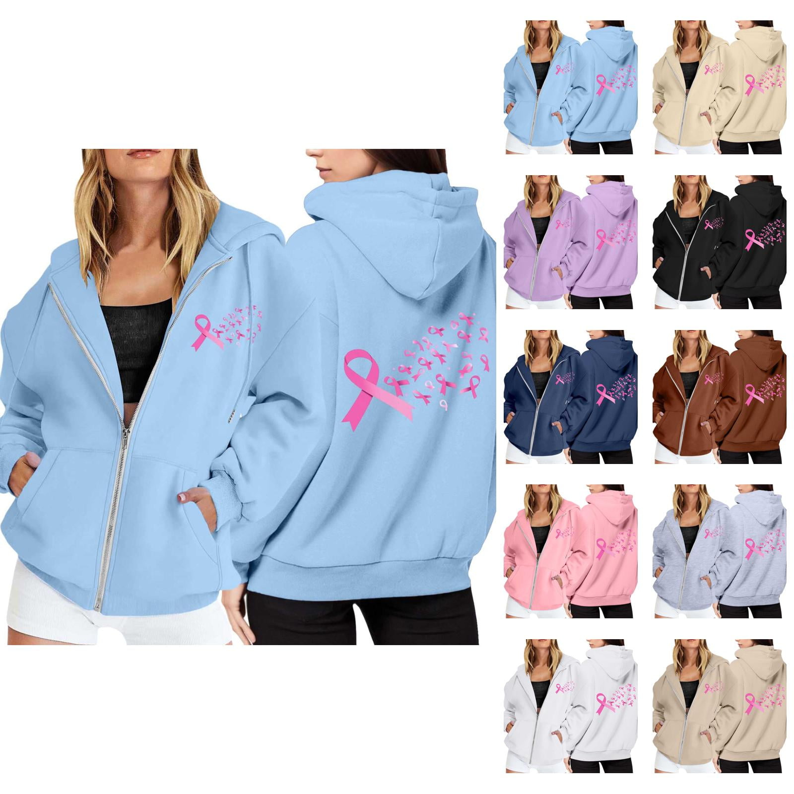 Black Hoodie Womens Sweatshirt Oversized Women Casual Wear Lightweight Zip Women s Up Pullover Cancer Awareness Month Long Sleeve Pocket Drawstring For Everyday