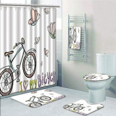 PRTAU Bicycle Doodle Cycling Leisure with A Little Kids Fashionable Cute Bike Butterflies 5 Piece Bathroom Set Shower Curtain Bath Towel Bath Rug Contour Mat and Toilet Lid Cover