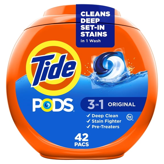 Tide PODS Laundry Detergent Pacs, 3-in-1 Stain Remover, Odor Fighter, Color Protector, 42 Count, HE compatible, Original Scent (Packaging May Vary)