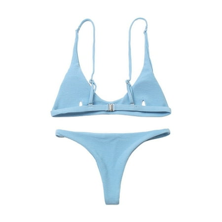 JIANJIA Womens Swimsuits Solid Color Spaghetti Strap Backless Brassiere With Thongs Split Swimsuit Two Piece Bikinis Swimwears Holiday Wear Blue S