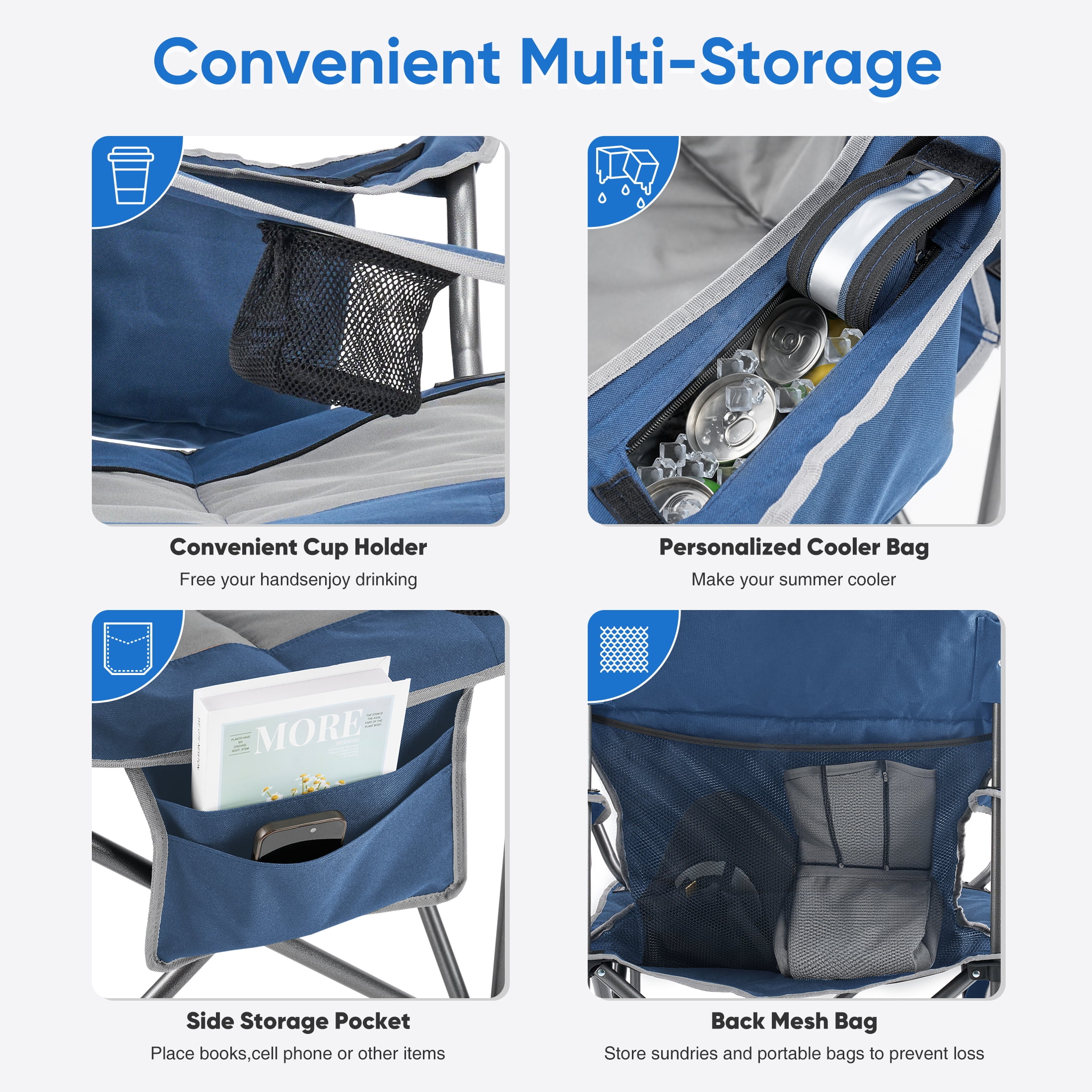 EDX Oversized Camping Folding Chair, Heavy Duty Padded Chair with Cup Holder Storage and Cooler Bag, 500 lbs Steel Frame, Portable for Outdoor,Blue Gray