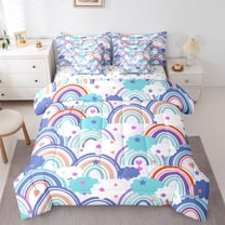 Feelyou Cartoon Blue Rainbow Twin Bedding Sets 7-Piece for Kids, Dreamy Starry Sky Cloud Bedding Comforter Set, Cute Love Heart Reversible Sheet Sets, Breathable Home Decor