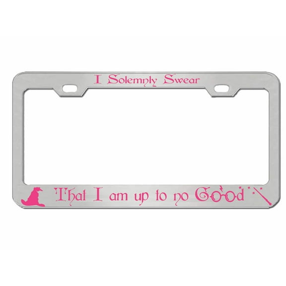 I Solemnly Swear That i am up to no Good Style Metal License Plate Frame Personalized/Car Accessories Car Tag Holder Cover (Chrome/Dark Pink)