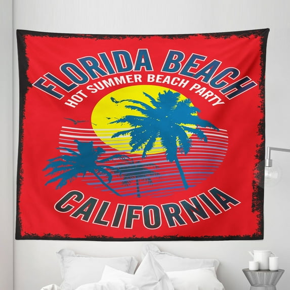 Florida Tapestry, Hot Summer Beach Party in California Theme Grunge Backdrop with Trees and Waves, Fabric Wall Hanging Decor for Bedroom Living Room Dorm, 5 Sizes, Multicolor, by Ambesonne