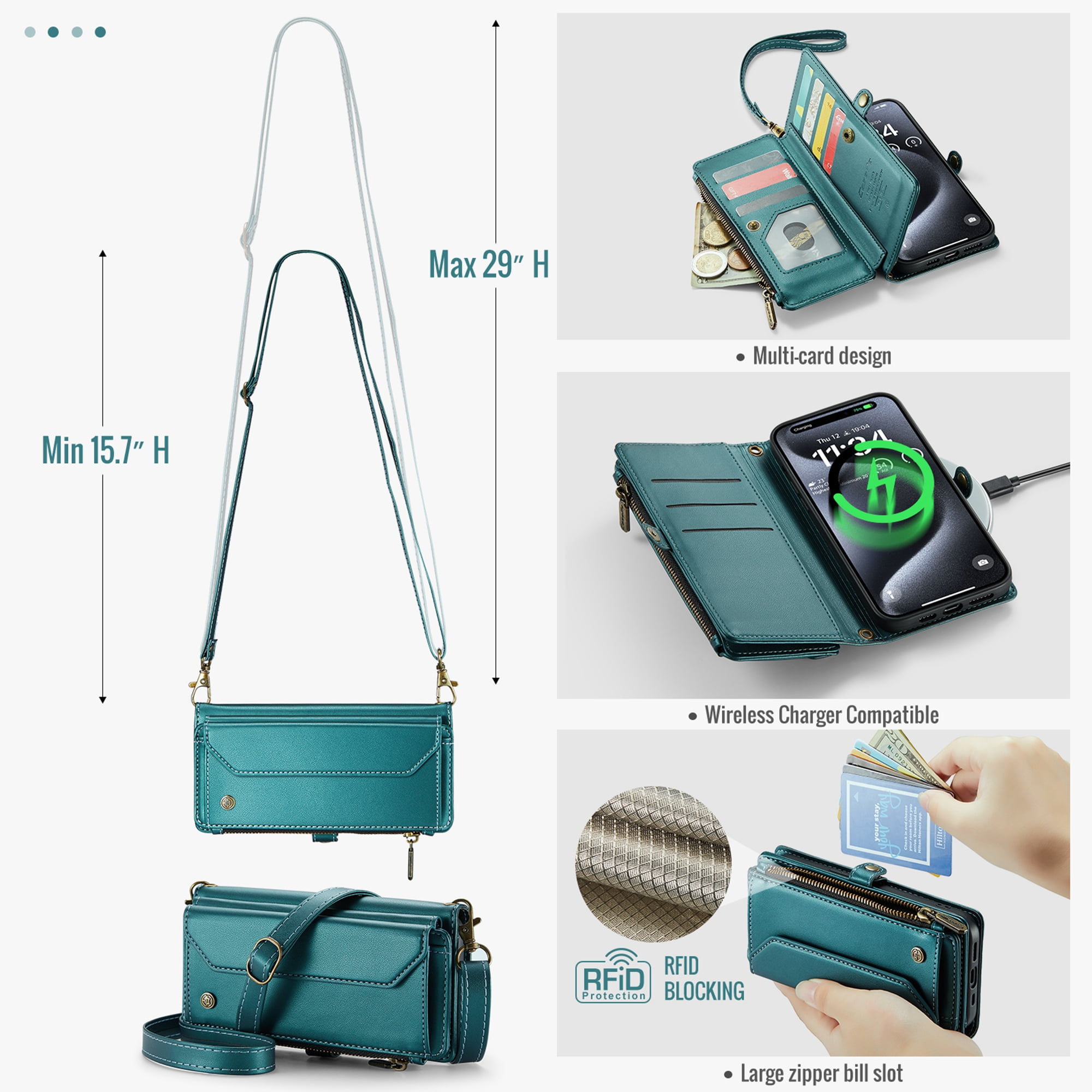 Dteck Crossbody Wallet Case for iPhone 16 RFID Blocking 10-Card Holder Soft PU Leather Magnetic Snap Shoulder Strap Zipper Pocket Phone Case Fit for iPhone 16,Green