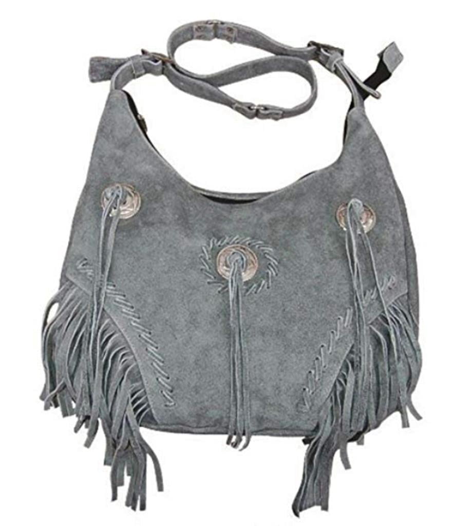 Fringe Suede Leather Purse Bag Cross Body Shoulder Straps Southwest Cabochon~Gray
