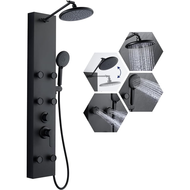 Stainless Shower Panel Tower System Shower Panel System with Adjustable Rainfall Shower Head Shower Tower with Body Massage Spray and Function Handheld Shower Brushed Surface