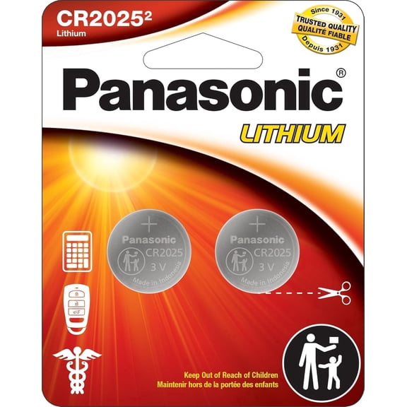 Panasonic CR2025 3.0 Volt Lithium Coin Cell Batteries, 2-Pack
