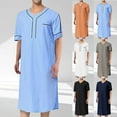 thumbnail image 1 of JDQJBZ Mens Summer Short Sleeve V Neck Solid Color Tunic Thobe Muslim Robe Set 2 Piece, 1 of 5