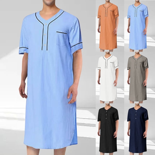JDQJBZ Mens Summer Short Sleeve V Neck Solid Color Tunic Thobe Muslim Robe Set 2 Piece