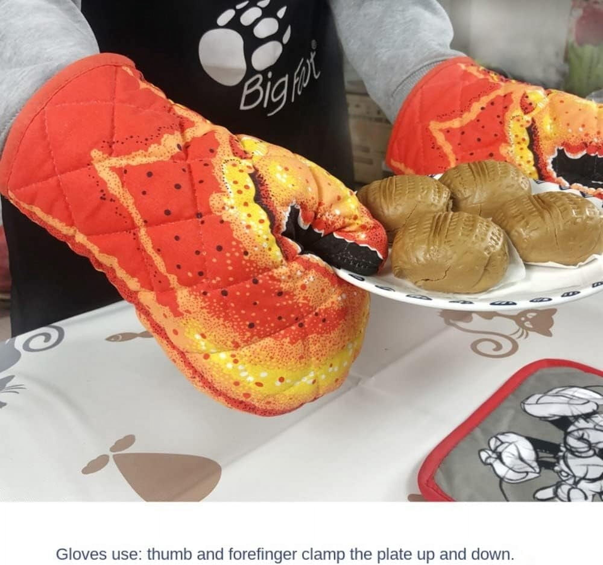 1 Pair Lobster Claw Oven Mitts Long Cotton Crab Claw Baking Insulation Gloves Microwave Heat Resistant Non-Slip BBQ Gloves