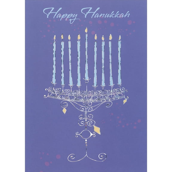 Designer Greetings Thin Silver Foil Menorah with Tall Thin Light Blue Candles on Blue Box of 15 Hanukkah Cards