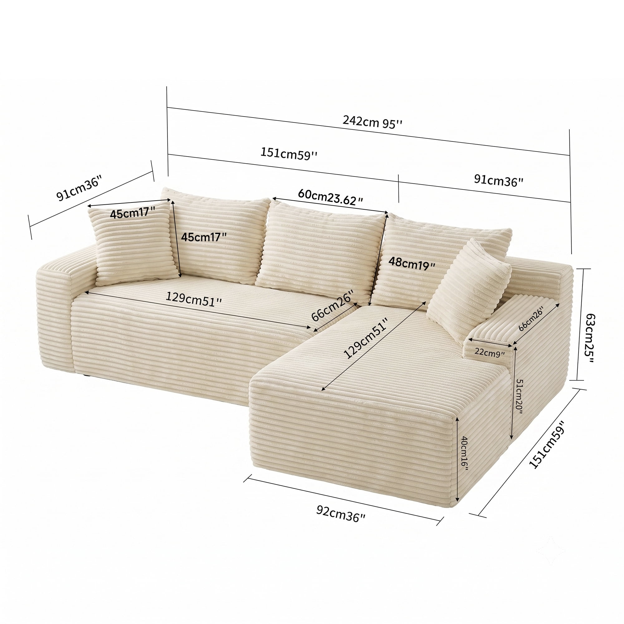 Leumius 95" Boneless Modular Sectional Sofa with Chaise,L-Shaped Comfy Corduroy Couch with Deep Seat,Upholstered Sectional Couch for Living Room, No Assembly,Beige